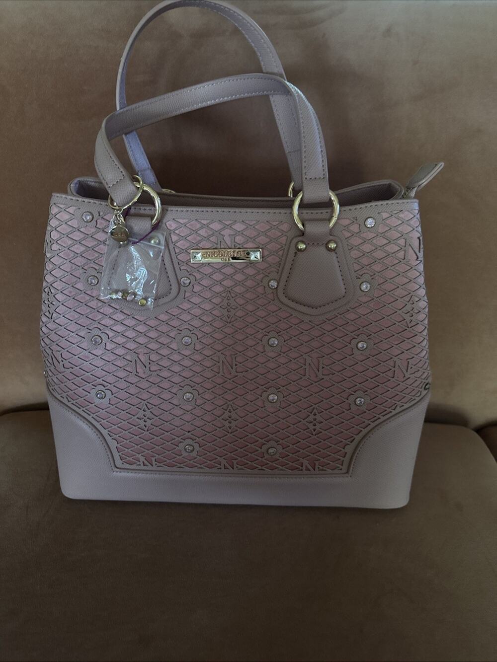 NWT Nicole Lee Gracie Tote Bag Pink Monogram Laser Cut Rhinestone Handbag Large